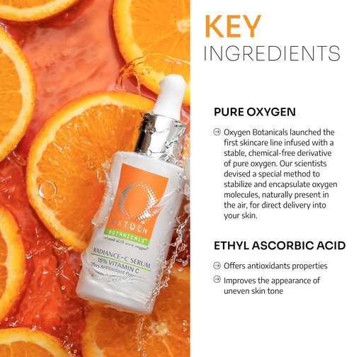 Oxygen Botanicals Radiance C Serum 15%, antioxidant formula to rejuvenate and protect the skin, minimizes dark spots, pigmentation and blemishes, alcohol-free-30ml