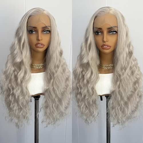RONGDUOYI Ash Blonde Synthetic Lace Front Wigs for Women Grayish Blonde Long Loose Curly Wig Heat Resistant Fiber Hair 13x4 Frontal Lace Natural Hairline Daily Use Cosplay Wig