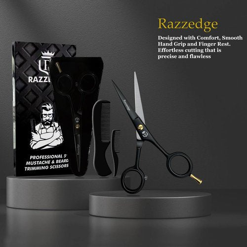 5" Professional Mustache & Beard Scissors With 1 Beard, 1 Mustache Comb & Travel Pouch, Stainless Steel Black Mustache & Beard Trimming Scissors for Men Facial Hair and Grooming.