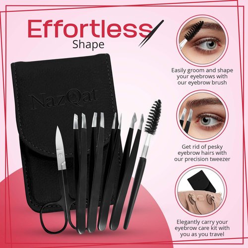 NazQat 6 Pcs Tweezers Set for Women Facial Hair, Professional Eyebrow Kit, 4x Precision Tweezers for Eyebrows with Scissors and Grooming Brush - Eyebrows Hair Pluckers with Leather Travel Case
