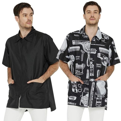 Men’s Barber Jacket and Vintage Print Stylist Grooming Smock- Professional Hair Dressing Apparel in Black