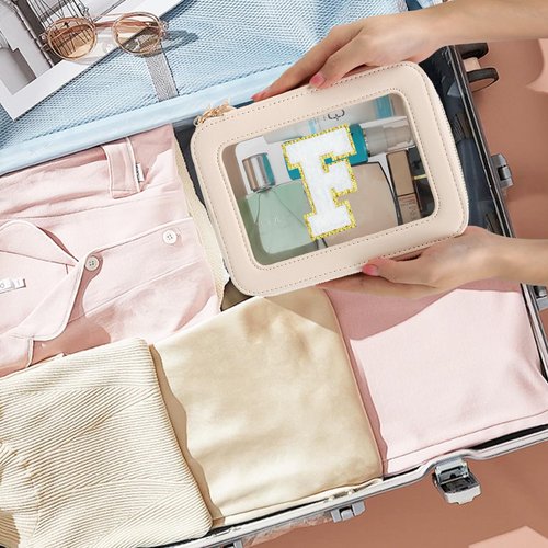 Clear Initial Makeup Bag - Toiletry Cosmetic Bag For Women, Cute Car Accessories & Essentials, And Preppy Makeup Bag For On-The-Go Glam - Gold Zippers Included, With Chenille Letter Decoration(F)