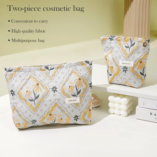 PLOPONOM 2 Pcs Makeup Bags,Large Capacity Travel Cosmetic Bag for Women,Sage Green Flower Relief Small Cosmetic Organizer,Portable Toiletry Pouch Purse with Zipper