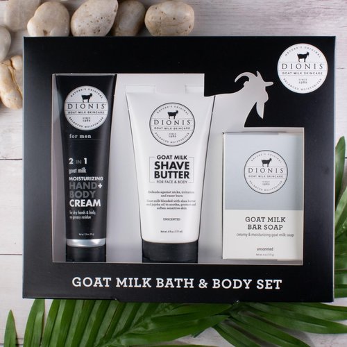 Dionis Goat Milk Skincare Men's Bath & Body 3pc Gift Set – Unscented, Blended Shea Butter & Jojoba Oil Shave Butter for Sensitive Skin, Fragrance Free, Hydrating Moisturizer & Nourishing Bar Soap