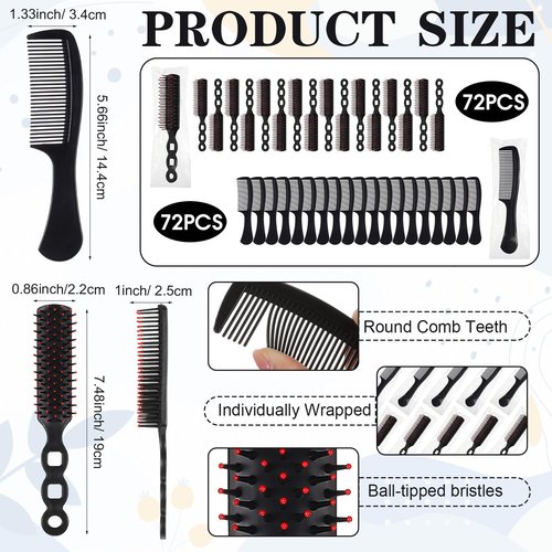 Baderke 144 Pack Individually Wrapped Hair Brushes Combs Set for Homeless, Detangling Brush Widen Combs for Curly Hair Suitable for Women Men Shelter Nursing Hotel Church Charity Supplies(Black)