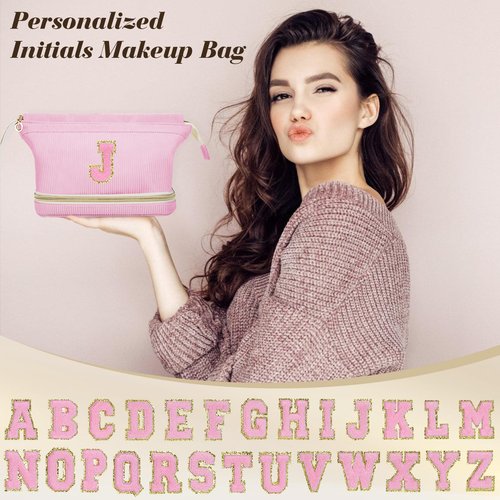 Birthday Gifts for Girls, Personalized Initial Make up Bag 18th Birthday Gifts for Girls Women, Travel Make up Bag Cosmetic Bag Preppy Stuff Bag for Her Mom Girlfriend Wife Teacher - Pink F