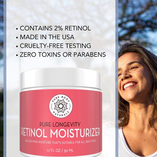 Pure Body Naturals Retinol Moisturizer, 1.7 Ounces - Moisturizing Retinol Cream for Face, Age Defying Eye Cream for Wrinkles and Lines with Hyaluronic Acid, Shea Butter, and Jojoba Oil (Pack of 2)