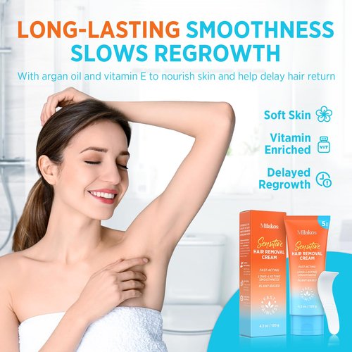 Milakos Painless Hair Removal Cream - Soothing Depilatory for Women with Sensitive Skin. Enriched with Aloe, Chamomile & Vitamin E, For Legs, Arms, Bikini & Underarms.