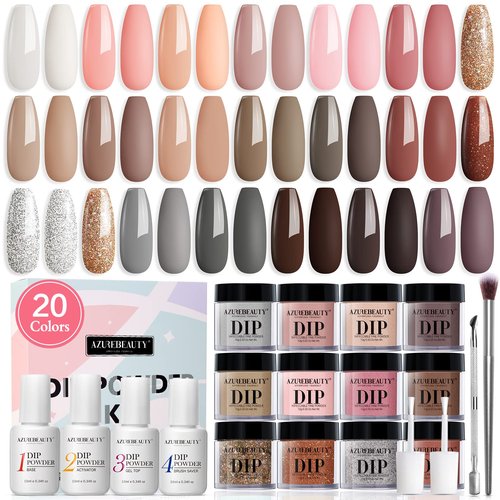20 Colors Dip Powder Nail Kit Starter, AZUREBEAUTY Classic Nude Collection Glitter Pink Neutral Chocolate Brown Skin Tone Dipping Powder Liquid Set with Top/Base Coat French Nail Art Manicure DIY