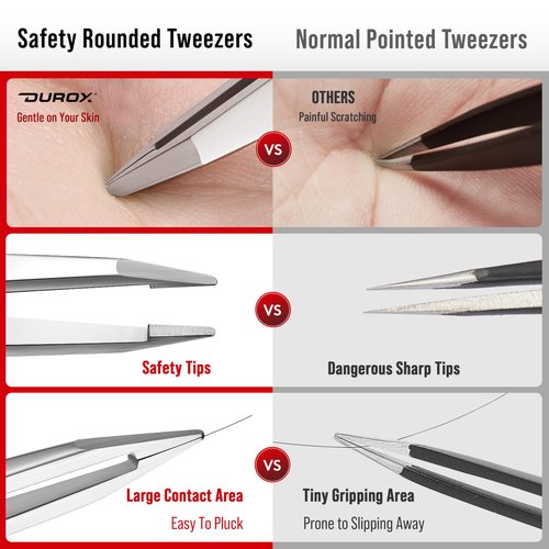 DUROX Round-Tip Tweezers — Gentle Chin & Facial Hair Removal for Women. Precision tweezers with small rounded/blunt tips for safe brow shaping and chin hair removal. Made of Stainless Steel