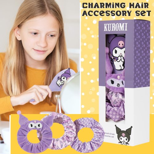 Hello Kitty Sanrio Hair Brush & Scrunchies Set for Girls, Teens, Women, Kuromi, Cinnamoroll Cute Stuff, Detangler Brush, Kawaii Gifts for Her (Kuromi Brush & Scrunchies)