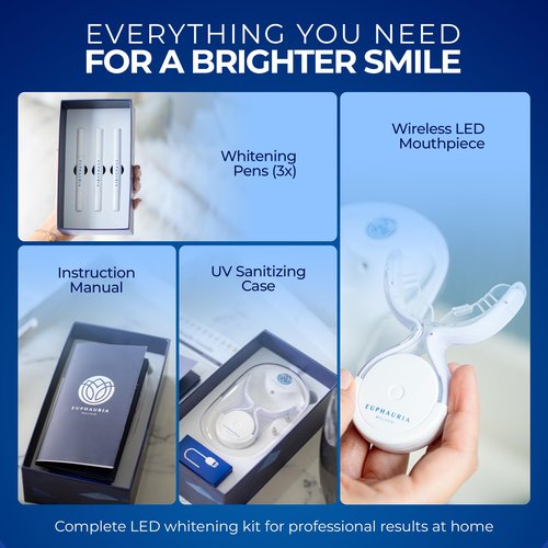 Euphauria at Home Teeth Whitening Kit with LED Light, No Sensitivity Teeth Whitening Gel Pen (Pack of 3), Enamel Safe, Rechargeable Wireless Red & Blue UV Whitening Spectrum, Sanitizing Storage Case