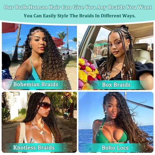 Human Braiding Hair for Boho Braids 14 Inch 120g Deep Wave Bulk Boho Human Hair for Braiding Curly Knotless Bohemian Braids 12A 100% Brazilian Virgin No Weft Extensions 3 Bundles/Pack Natural Black 1B