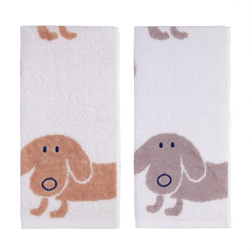 Kissvian 2 Pack Pure Cotton Hand Bath Towel Set, Cartoon Dog Pattern Fingertip Towels Face Cloths, Soft and Absorbent Washcloths for Bathroom, Size 13.4" x 28.4"