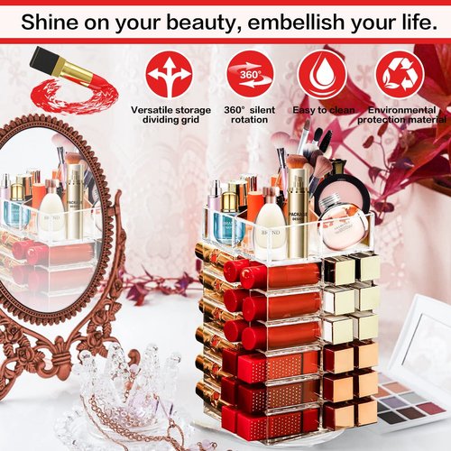 FODIENS Acrylic Lipstick Tower Holder, 360 Degree Rotating Makeup Cosmetic Lipsticks Organizer with 53 Slots, Spinning Lipgloss Storage Display Stand Holder