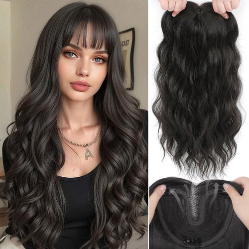 LEDIZE Hair Toppers for Women, 20 Inch Hand Tied Breathable Toppers Hairpieces for Women with Thinning Crown Wispy Bangs Mix Human Hair Wavy Curly Lightweight Wiglets (Dark Brown, Wispy Bangs)