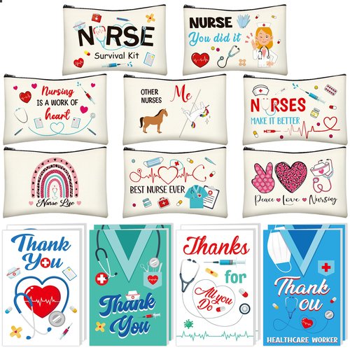 Nurses Week Accessories, 16 PCS Nurse Makeup Bag Thank You Nurse Card, Nursing Day Appreciation Cards Nurse Week Carvas Cosmetic Bag Survival Kit with Zipper Funny Thank You Cards Nurse Supplies