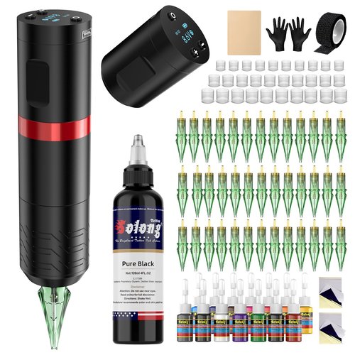 Tattoo Gun,Solong Wireless Tattoo Gun Kit Smart Screen with 40Pcs Tattoo Cartridge Needles 120ML Black Tattoo Ink Complete Tattoo Kit SLE92KITB-2