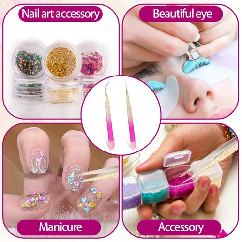2 Pcs Double Ended Nail Art Tweezers with Silicone Pressing Head - Straight & Curved Tip Stainless Steel Tweezers for Eyelash Extensions & Nail Art Stickers