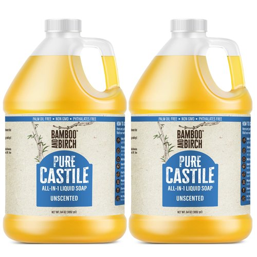 BAMBOO AND BIRCH Pure Castile Soap Liquid, Certified Palm Oil Free Natural Soap, Unscented, 1 Gallon