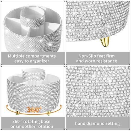fanado Bling 360° Rotate Makeup Brush Holder Organizer, Makeup Organizers Countertop, Makeup organization and Skincare Storage for Vanity, Gift for Women Girls (Bling dz-White)