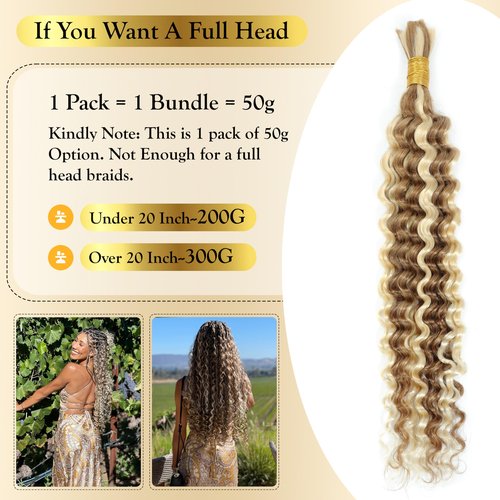Syrenlore Highlighted Multi-Blonde 27/613 Braiding Hair for Boho Braids, Ombre Deep Wave Human Hair Bulk 22 Inch 50G LIGHT BULK