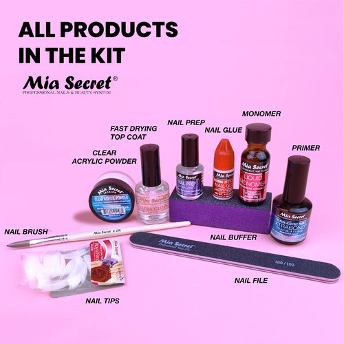 Mia Secret Acrylic Nail Kit: 1/2 oz liquid monomer, 1/2 oz clear acrylic powder, ultra quick nail glue, 1/2 oz ultra gloss top coat, fancy 20 nail tips, 1/2 oz primer, speedy zebra straight nail file 100/100, #8 nail brush and emery block
