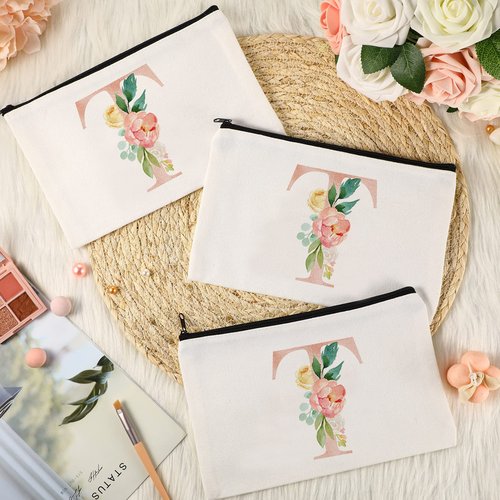 3 Pieces Floral Initial Makeup Bag Wedding Bridal Makeup Bag Cosmetic Canvas Bag Monogrammed Gifts for Women Teacher Birthday Mother's Day Wedding Bridal Shower, 9 x 6 Inches (T Style)