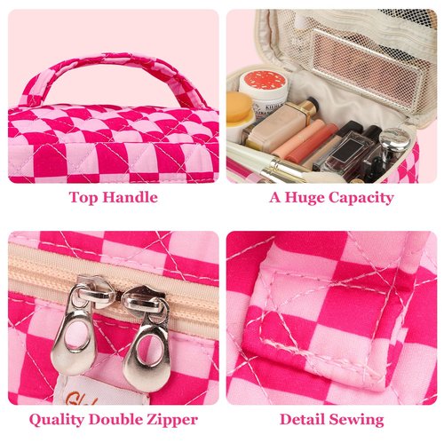 Globright 3 Pieces Makeup Bag Large Quilted Cosmetic Bag, Cotton Make Up Bag Travel Toiletry Bag for Mom Girlfriend Wife Women (Red)