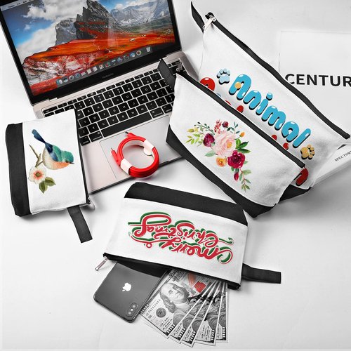 Sinzip 10 Pieces Cotton Canvas Makeup Bag with Bottom and Strap, Multi-Purpose Cosmetic Bag with Zipper Travel Toiletry Pouch, Blank DIY Craft Bag (White&Black, M)