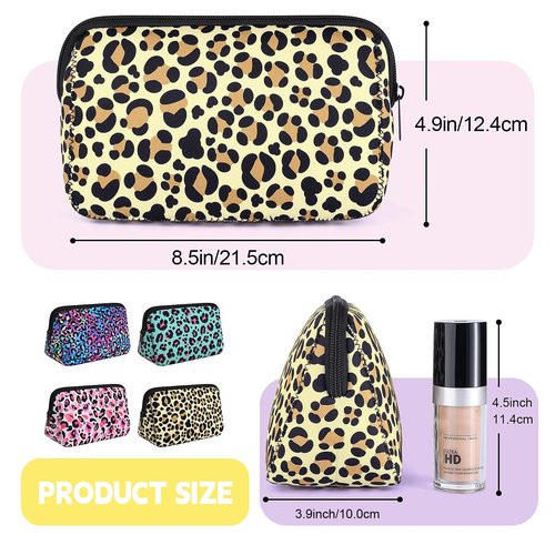 Playexen Large Makeup Bag, Portable Cosmetic Bag for Purse, Washable Neoprene Makeup Travel Pouch for Women (Leopard-Brown)