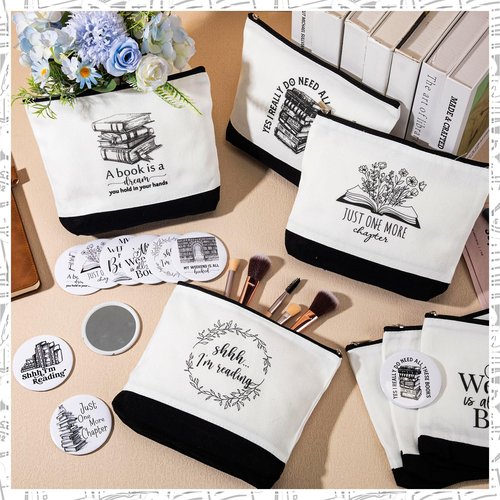 Paterr 20 Pcs Book Lover Gifts for Women Inspirational Canvas Makeup Bag with Zipper and Mini Compact Mirrors Thank You Gift for Book Club Reading Student Teacher Librarian Writer