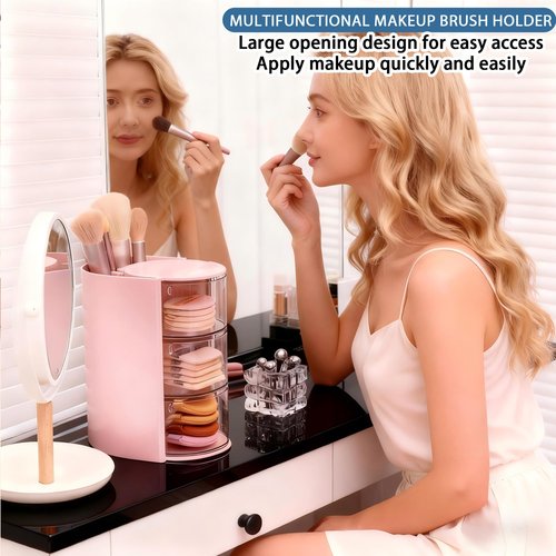 Azurphoric Hair Accessories Organizer with Hair Brush Holder, Rotatable Makeup Brush Holder for Necklaces, Earring, Bracelet, Ring, Makeup Brushes, Hair Clip and Hair Accessories (Pink, 3-Layer)