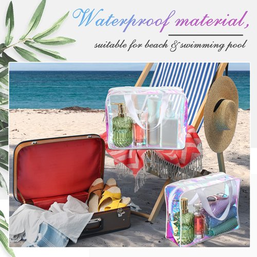 Sweetude 10 Pcs Large Clear Toiletry Bag Large Capacity Travel Iridescent Makeup Bag PVC Clear Plastic Tote Punch Cosmetic Clothes Organizer for Women Men(White)