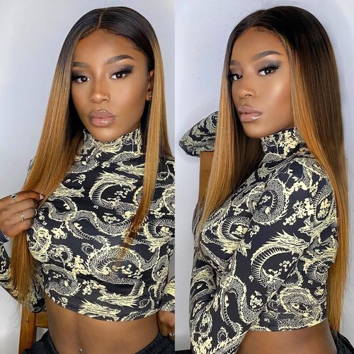 MITIMES 32inch Ombre Lace Front Wig pre plucked, Glueless Highlight Ombre Long Straight Lace Front Wigs Synthetic Highlight HD Lace Front Wig 1B/30/27