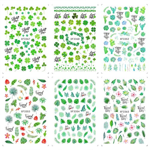 12 Sheets Summer Leaf Nail Art Stickers 3D Self-Adhesive Nail Decals Nail Art Supplies Palm Leaves Clover Nail Design for Women Manicure Nail Decorations Accessories