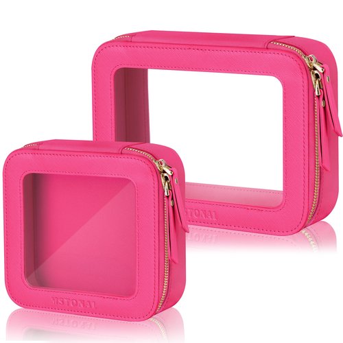 MSTONAL Clear Makeup Bag, Travel Toiletry Bag Cosmetic Case for Women, Waterproof Portable Make Up Skincare Pouch with Zipper, Compact Car Organizer Bag for Essentials, Mini & Medium, Hot Pink