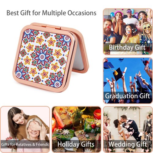 PDOZV Purse Mirror Compact, Rosegold Square 2.8”×2.8” Metal Frame DropRubber Style Double Sided 1X/2X Small Mirror for Purse (Ethinc01)