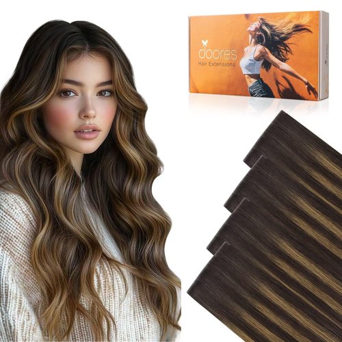 DOORES Invisi Edge Wide Tape in Human Hair Extensions, Dark Brown to Chestnut Brown 4PCS Injection Tape ins 20g 18 Inch, Injected 3 Inch Wide Extensions Straight for Thinning Hair