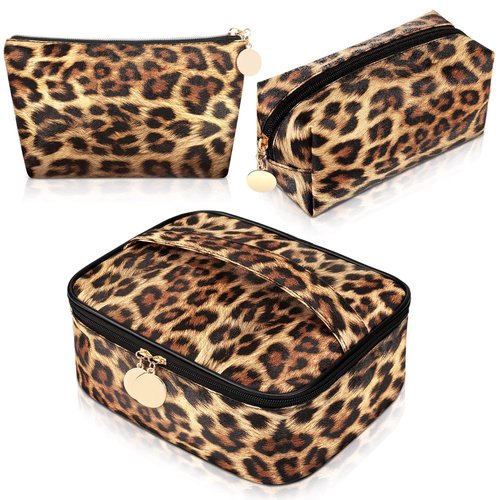 Boao 3 Pcs Leopard Print Cosmetic Bag Set Cheetah Toiletry Travel Makeup Organizer Portable Waterproof Makeup Pouch with Zipper for Women Brush Case Multifunction Purse Handbag