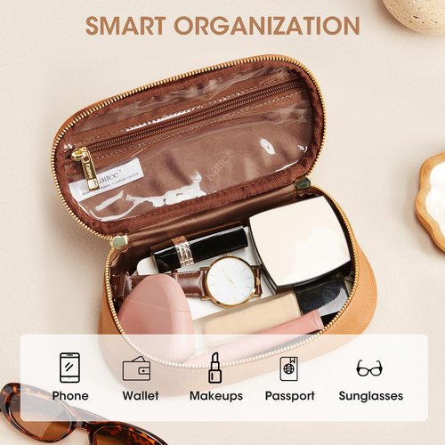 Kattee Makeup Bag for Women, Leather Cosmetic Bag, Working Makeup Bags for Ladies with Handles, Portable Travel Toiletry Bag, Brown