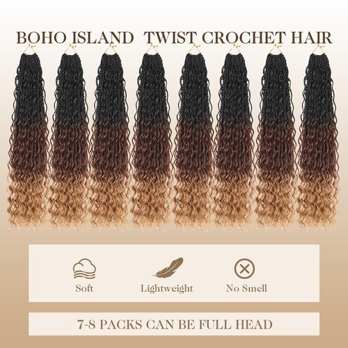 Boho lsland Twist Crochet Hair 24 Inch 8 Packs Ombre Auburn Blonde Pre-Looped Senegalese Twist Crochet Braids with Curly Ends Synthetic Goddess Twist Crochet Hair for Black Women (1B/30/27 24 INCH）