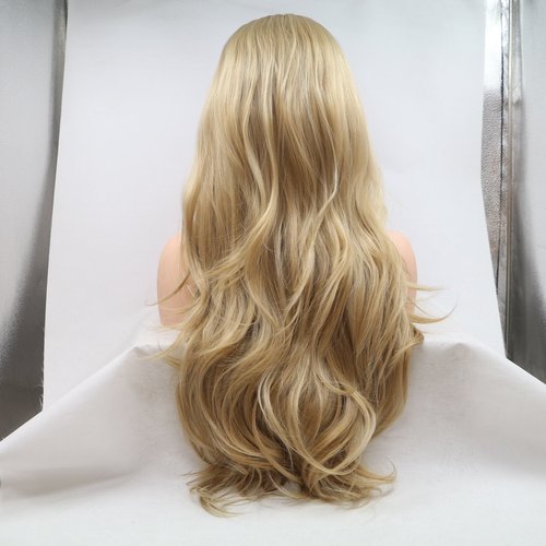 Xiweiya Long Blonde Synthetic Lace Front Wig - Wavy Side Part With Brown Root - Hair Replacement for Women, Drag Queen Makeup (24 Inch)