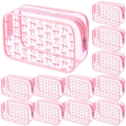 Kacctyen 12 Pcs Pink Bow Cosmetic Bag Coquette Preppy PVC Makeup Bag Bulk Clear Zippered Travel Toiletry Pouch Gift for Women Birthday Party Favor Bridal Shower