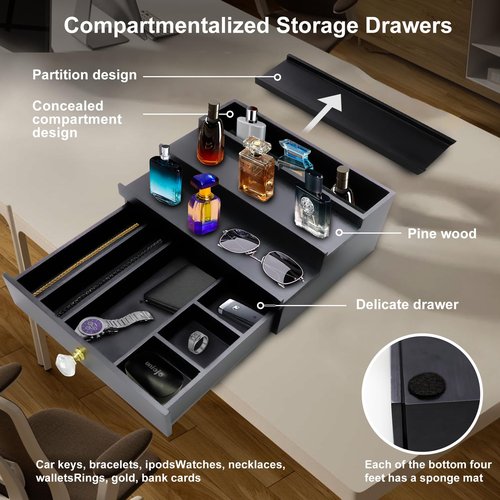 KALLODEAR Cologne Organizer for Men, 3 Tier Cologne Stand Organizer for Men, Wood Perfume Organizer with Felt Lining Drawer and Hidden Compartment, Great Gift for Men(Black)