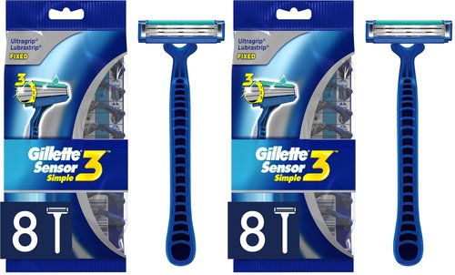 Gillette Sensor3 Simple Men’s Disposable Razors, 8 Count (Pack of 2) Blue