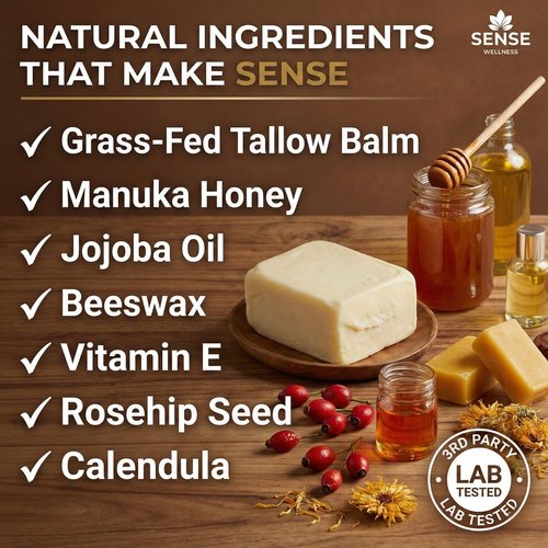 Sense Wellness Whipped Tallow Balm with Manuka Honey & Jojoba – Grass-Fed Beef Tallow for Face & Body – Non-Greasy Daily Moisturizer for Dry, Sensitive Skin – Unscented, Veteran Owned (4oz)