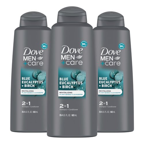DOVE MEN + CARE 2 in 1 Shampoo Conditioner Eucalyptus + Birch 3 Count For Healthy-Looking Hair Naturally Derived Plant Based Cleansers 20.4 oz