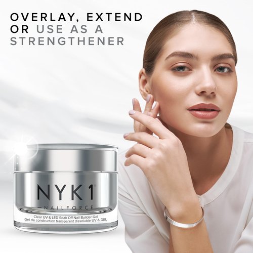 NYK1 Strengthening Clear Builder Gel For Nails (.5 Fl Oz / 15ml) NailForce Hard Gel For Nails Strengthener For Tips, Extensions & Repairs - UV & LED Sculpting Nail Builder With Free Application Brush