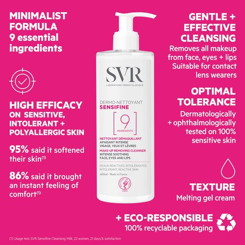 SVR Sensifine Soothing Cleanser & Makeup Remover for Face, Eyes and Lips - Gentle Melting Gel Cream that Leaves the Skin Clean, Soft & Comfortable. Specifically Designed for Sensitive Skin, 13.5 fl.oz
